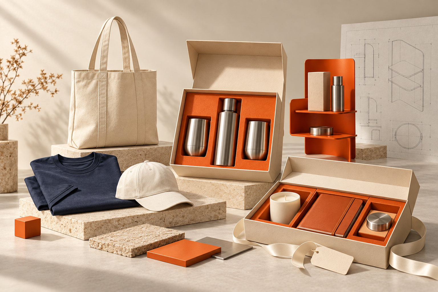 Illustrative garments, cap, tote bag, value-added presentation packaging, gifting set, retail display, and technical drawings