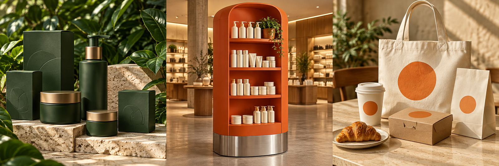 Illustrative forest-green cosmetic packaging on natural stone